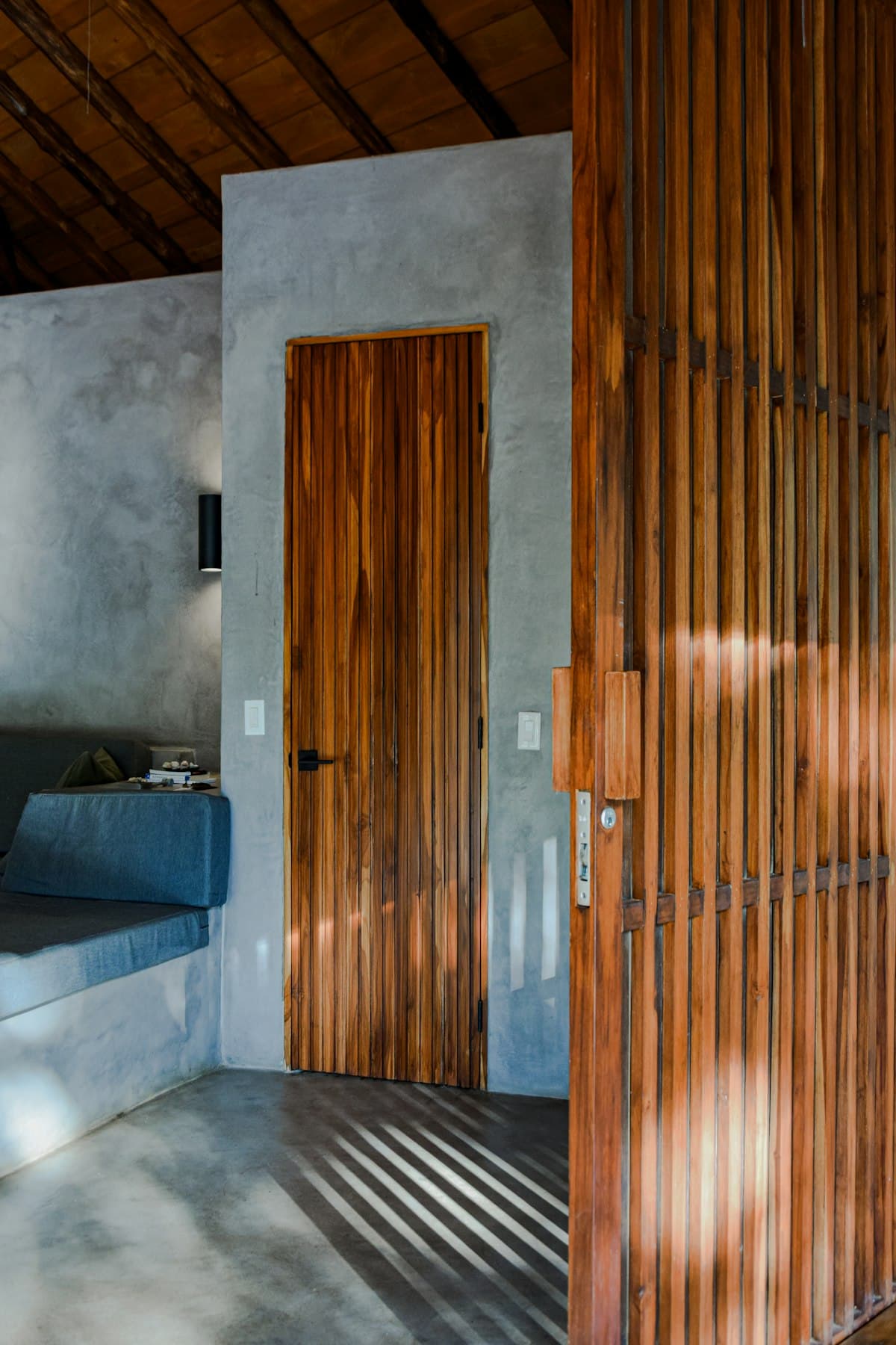 Brown wooden panel door in a home interior